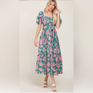 Flying Tomato Green and Pink Floral Midi Dress. Size L